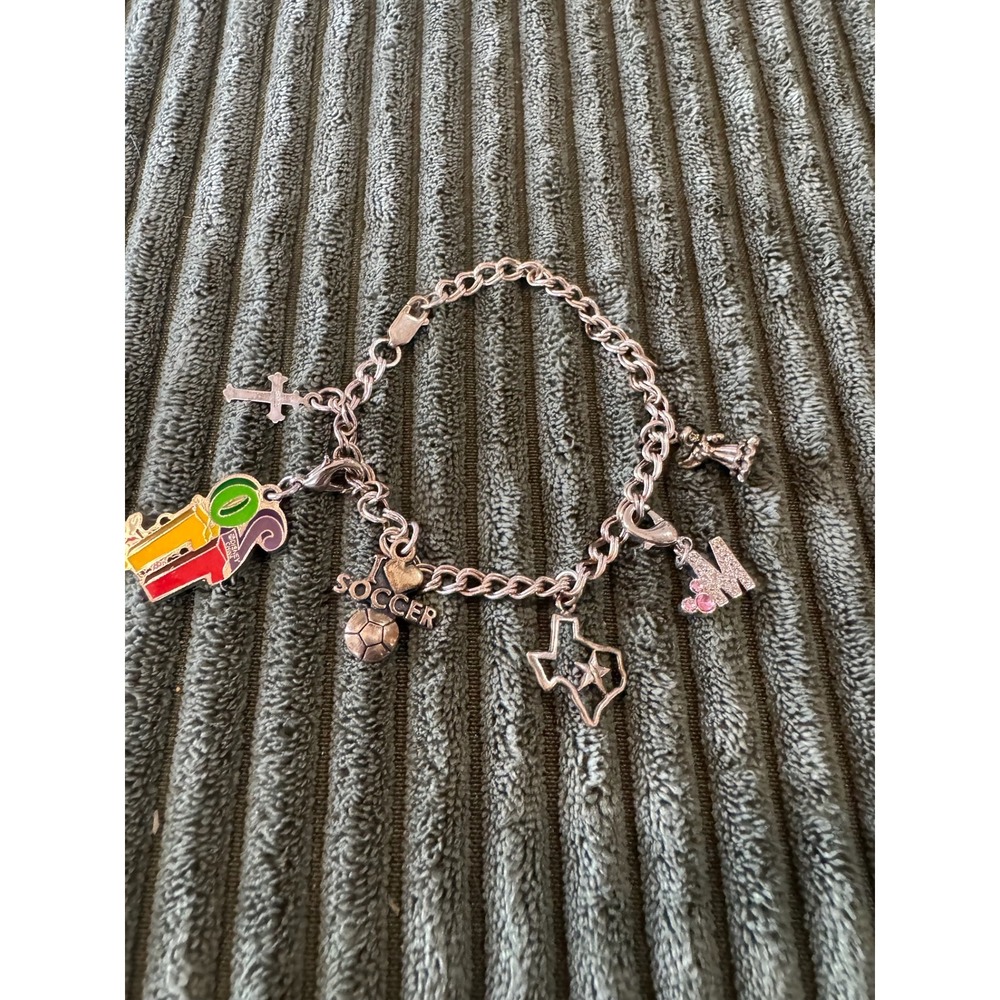 Disney Sterling Silver Charm Bracelet Texas Soccer Cross‎ Enamel Charm
